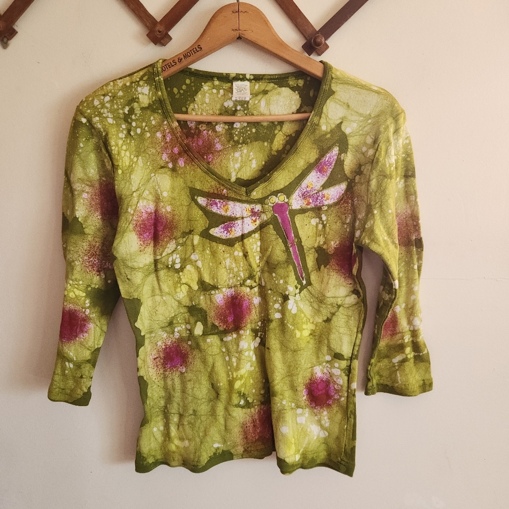 Vintage Batik Y2k Dragonfly Print Green Tie-Dye 3/4 Long Sleeve Cotton Top Large